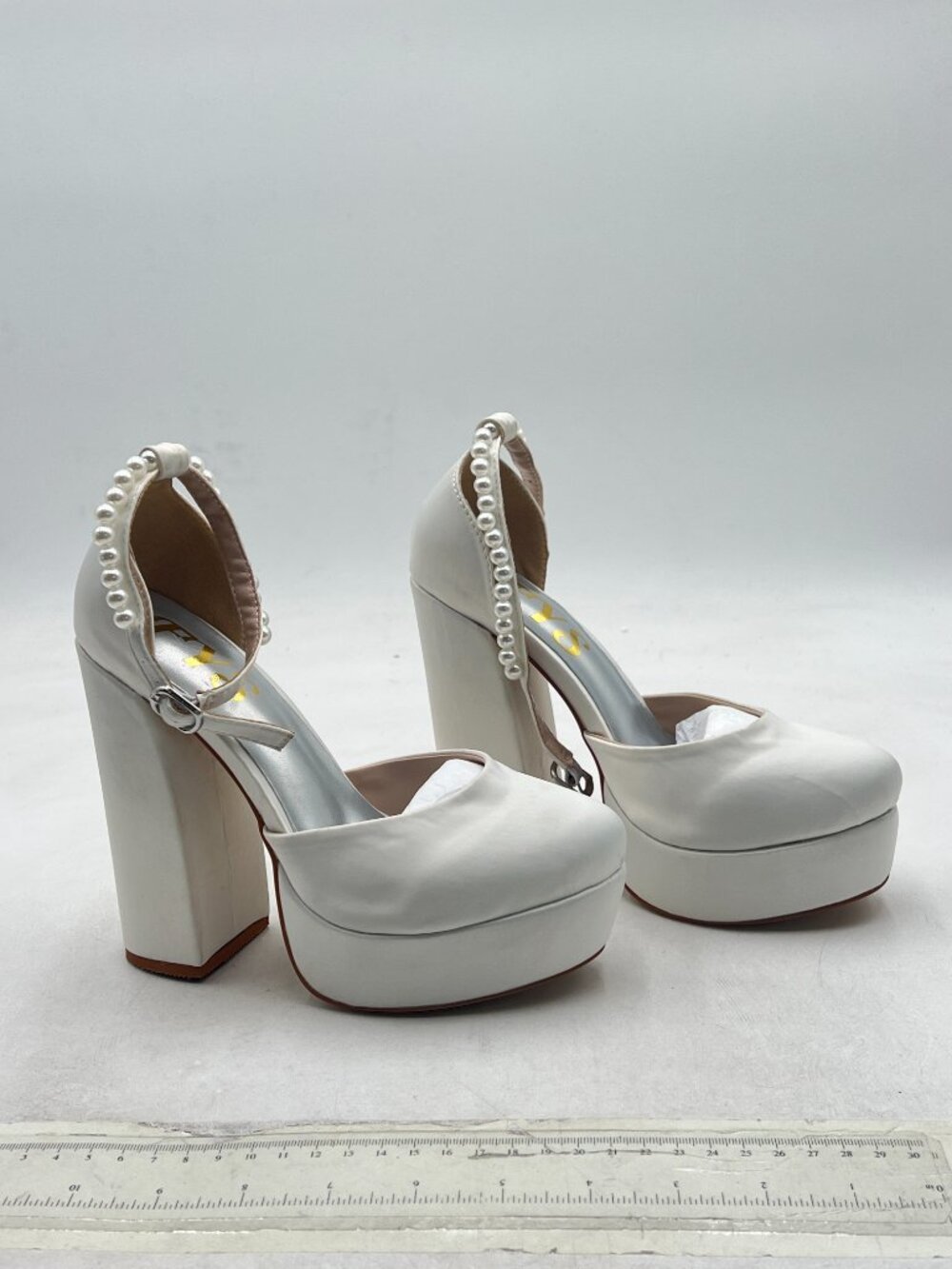 FYS White Round Toe Pump Platform Chunky High Heels Bejeweled Ankle Strap Shoes - Picture 4 of 8